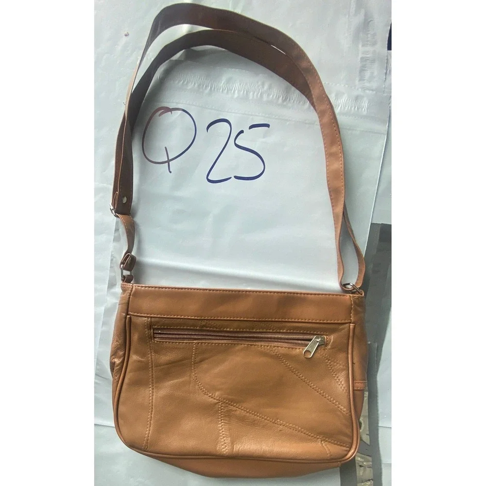 Brown Leather Patchwork Crossbody Bag Adjustable‎ Strap Zip Pockets